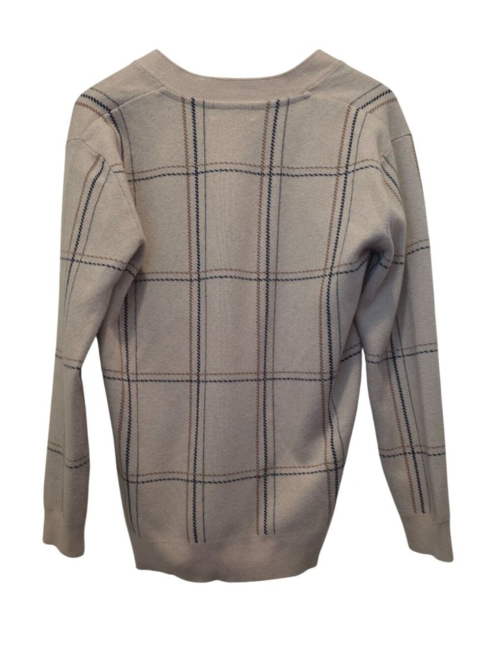 Basic House Beige Plaid Button-Up Wool-Cashmere Blend Cardigan Sweater Sz S - Picture 2 of 7